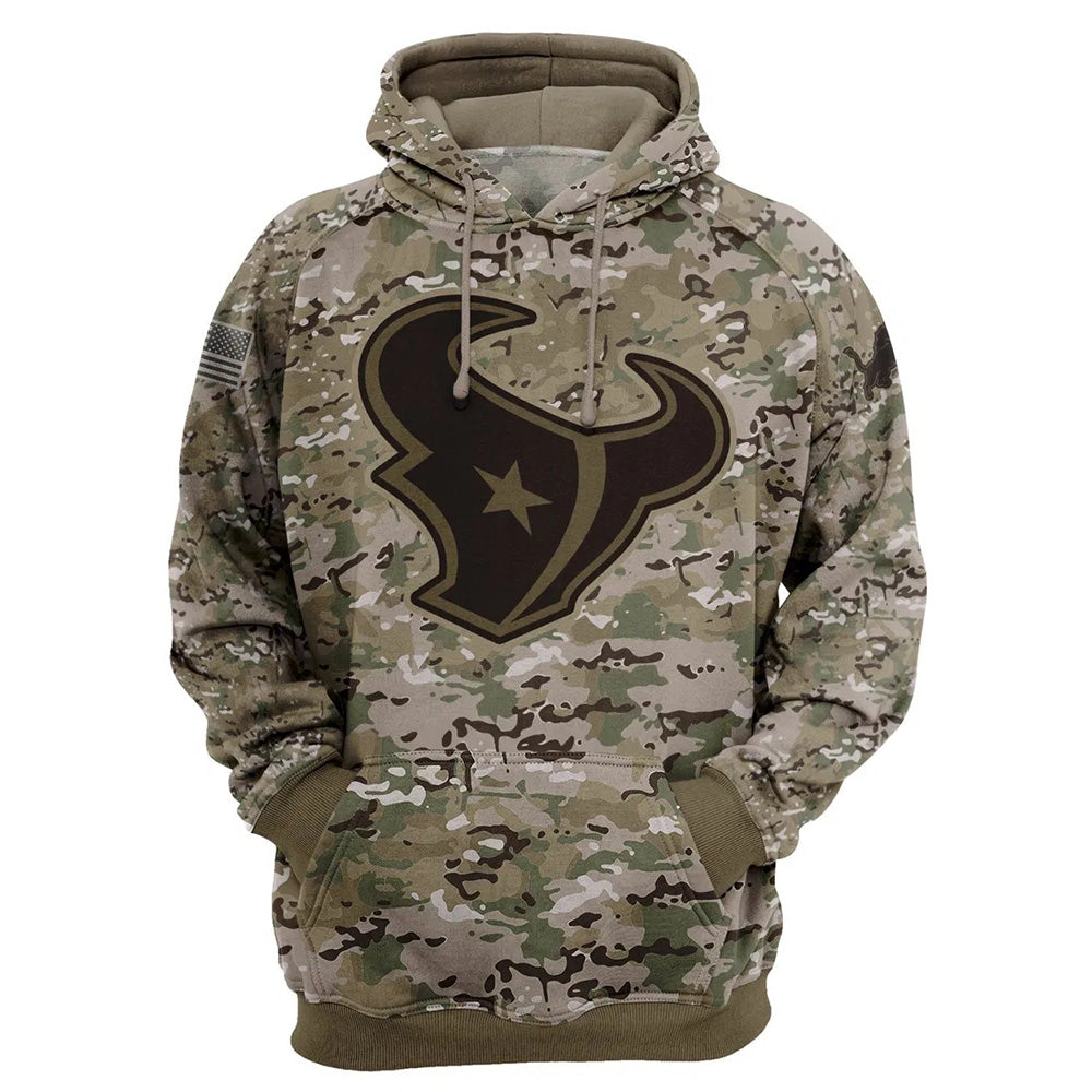 Houston Texans Camo Pullover Hoodie – Military Style featuring large Houston Texans logo on chest, camouflage design, and front kangaroo pocket – unisex and US sizing