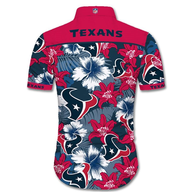Back view of Houston Texans Hawaiian Shirt featuring bold team name and logo, tropical hibiscus floral pattern, RED shoulder panel, men's short-sleeve button-down.