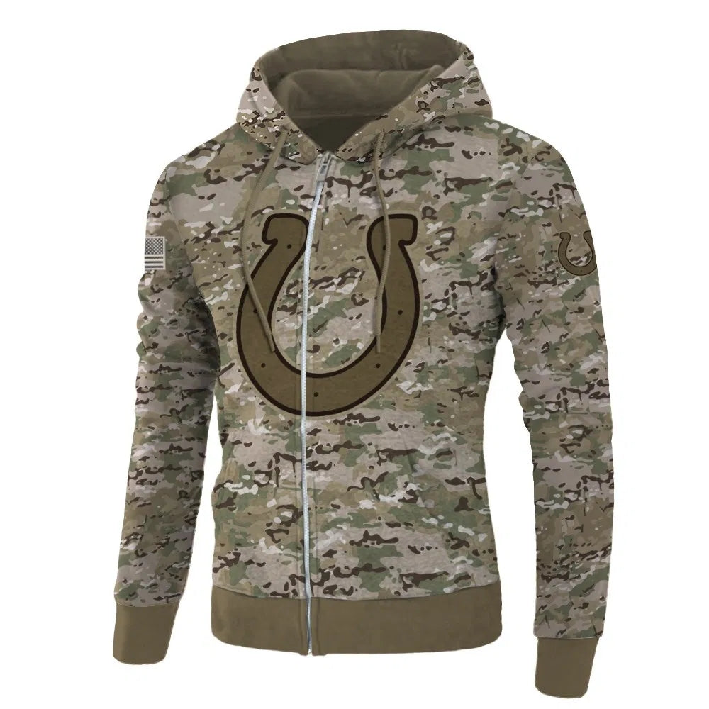Front view of Indianapolis Colts Camo Zipper Hoodie – Military Style with camouflage print, and Indianapolis Colts logo on chest – and front kangaroo pocket, unisex fit