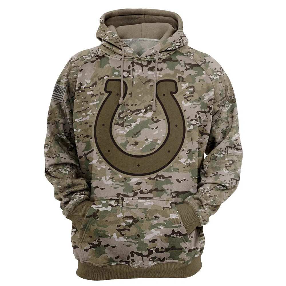 Indianapolis Colts Camo Pullover Hoodie – Military Style featuring large Indianapolis Colts logo on chest, camouflage design, and front kangaroo pocket – unisex and US sizing