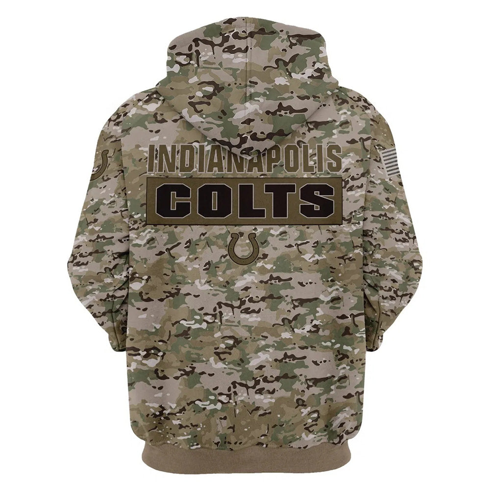 Back view of Indianapolis Colts Camo Hoodie – Military Style showing bold INDIANAPOLIS COLTS text with team logo and military camouflage pattern