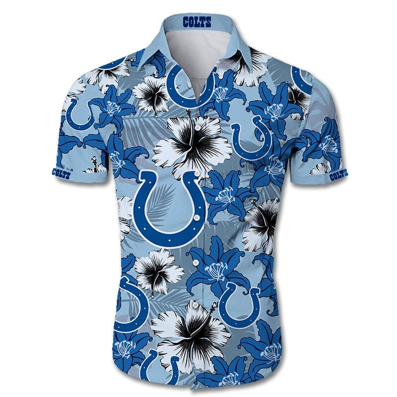 Front view of Indianapolis Colts Hawaiian Shirt – Men's Summer Aloha Button Down with vibrant BLUE floral design and team logo, short sleeves, US sizing.