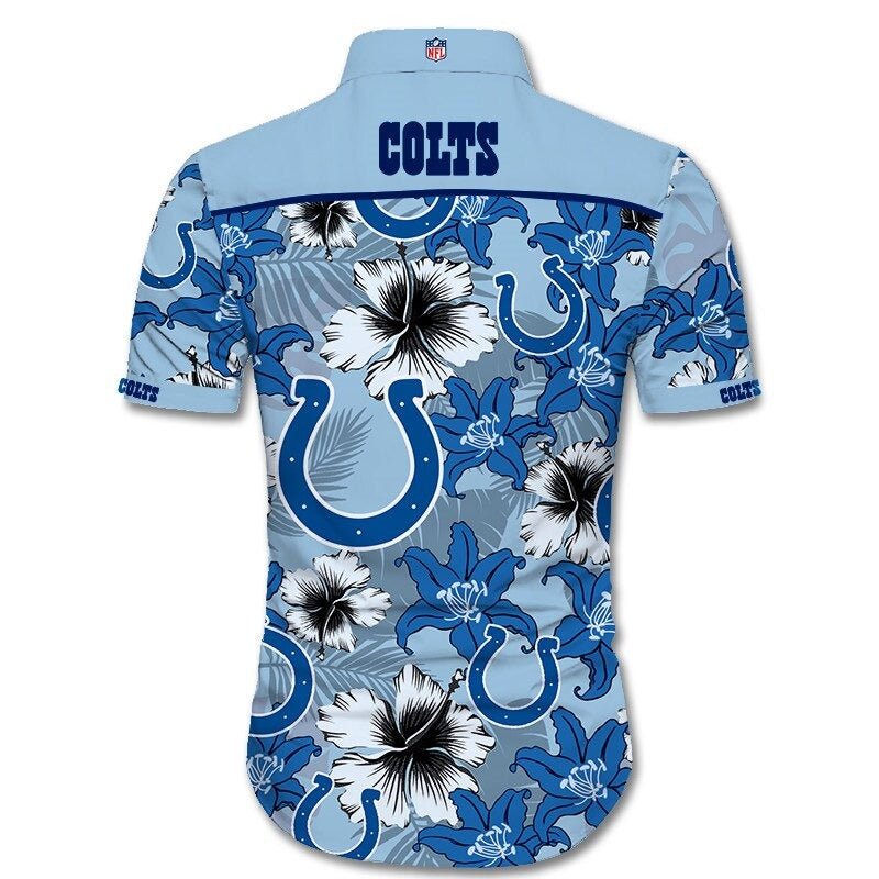 Back view of Indianapolis Colts Hawaiian Shirt featuring bold team name and logo, tropical hibiscus floral pattern, BLUE shoulder panel, men's short-sleeve button-down.