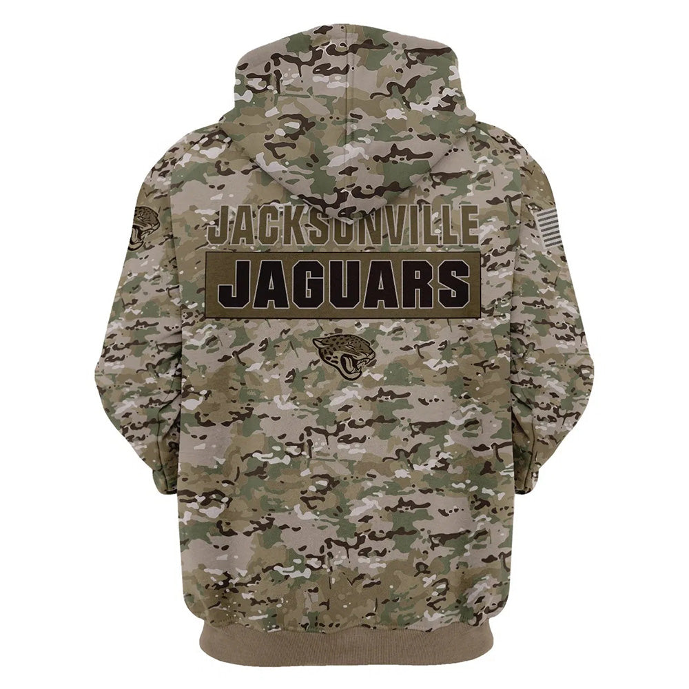 Back view of Jacksonville Jaguars Camo Hoodie – Military Style showing bold JACKSONVILLE JAGUARS text with team logo and military camouflage pattern