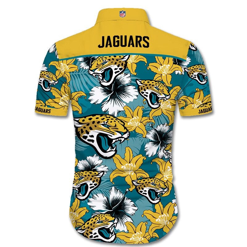 Back view of Jacksonville Jaguars Hawaiian Shirt featuring bold team name and logo, tropical hibiscus floral pattern, YELLOW shoulder panel, men's short-sleeve button-down.
