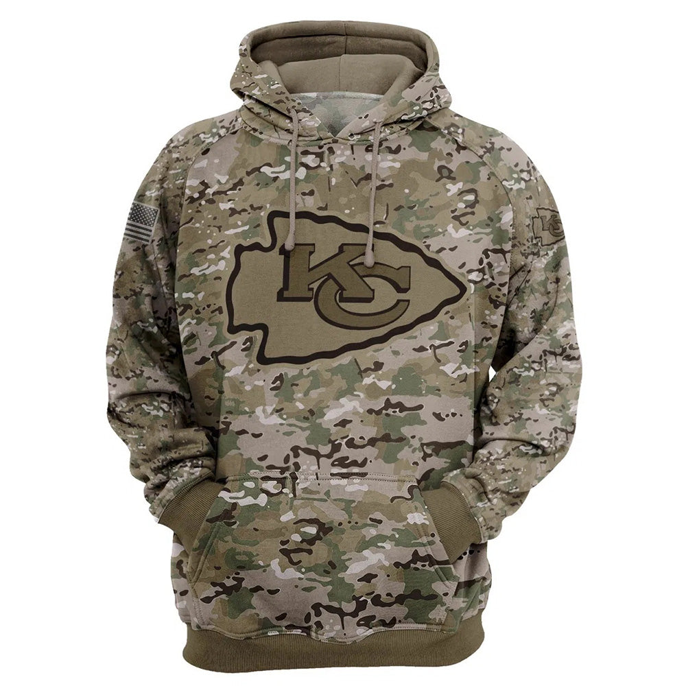Kansas City Chiefs Camo Pullover Hoodie – Military Style featuring large KC logo on chest, camouflage design, and front kangaroo pocket – unisex and US sizing