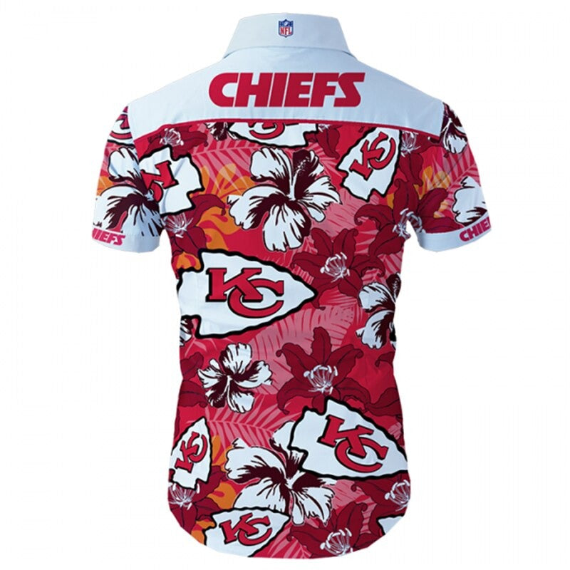 Back view of Kansas City Chiefs Hawaiian Shirt featuring bold team name and logo, tropical hibiscus floral pattern, WHITE shoulder panel, men's short-sleeve button-down.