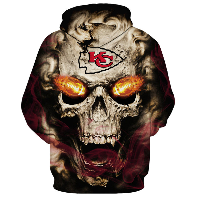Back view of Kansas City Chiefs Skull Hoodie – Red Inferno Edition, showcasing a bold skull print with electric red eye effects and Kansas City Chiefs logo