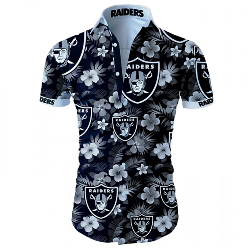 Front view of Las Vegas Raiders Hawaiian Shirt – Men's Summer Aloha Button Down with vibrant WHITE floral design and team logo, short sleeves, US sizing.