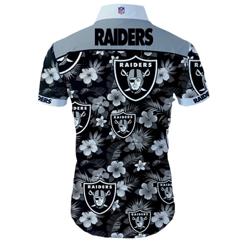 Back view of Las Vegas Raiders Hawaiian Shirt featuring bold team name and logo, tropical hibiscus floral pattern, GRAY shoulder panel, men's short-sleeve button-down.