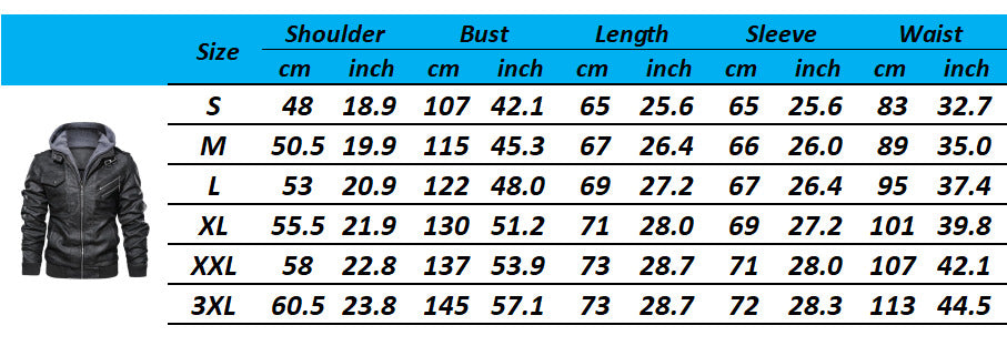 Size chart for a leather jacket with measurements in centimeters and inches.