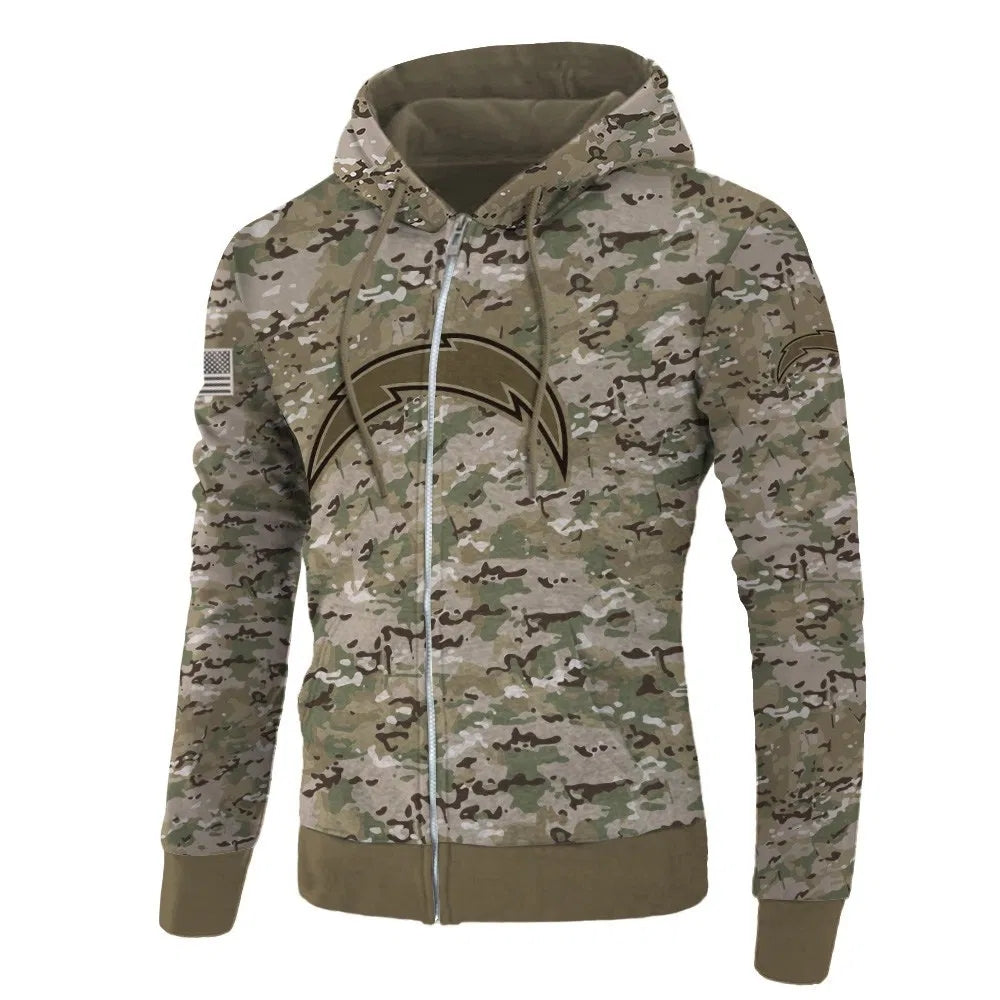 Front view of Los Angeles Chargers Camo Zipper Hoodie – Military Style with camouflage print, and Los Angeles Chargers logo on chest – and front kangaroo pocket, unisex fit