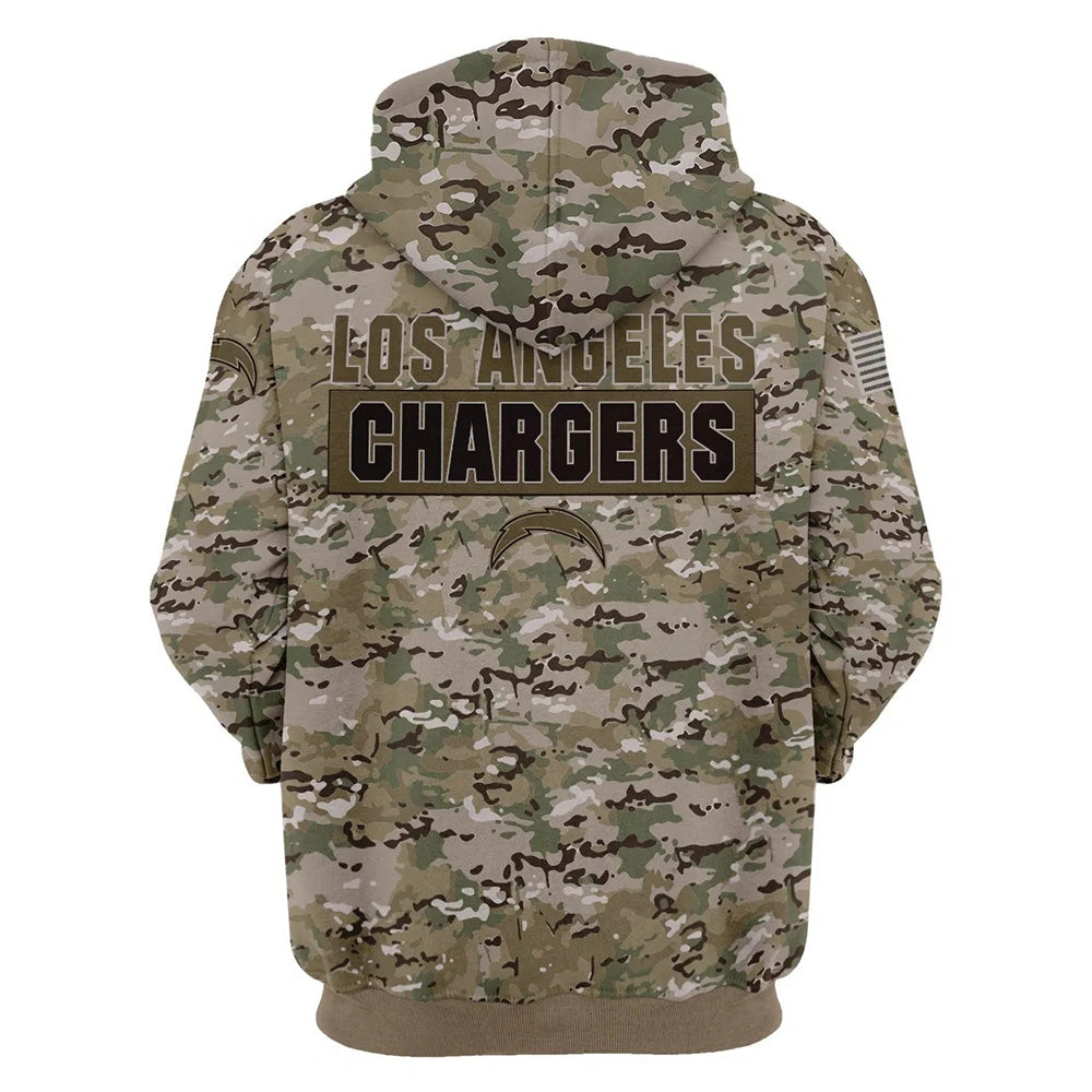 Back view of Los Angeles Chargers Camo Hoodie – Military Style showing bold LOS ANGELES CHARGERS text with team logo and military camouflage pattern