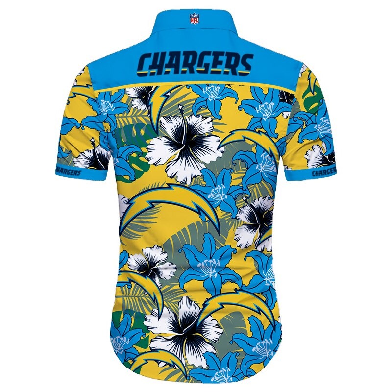 Back view of Los Angeles Chargers Hawaiian Shirt featuring bold team name and logo, tropical hibiscus floral pattern, BLUE shoulder panel, men's short-sleeve button-down.