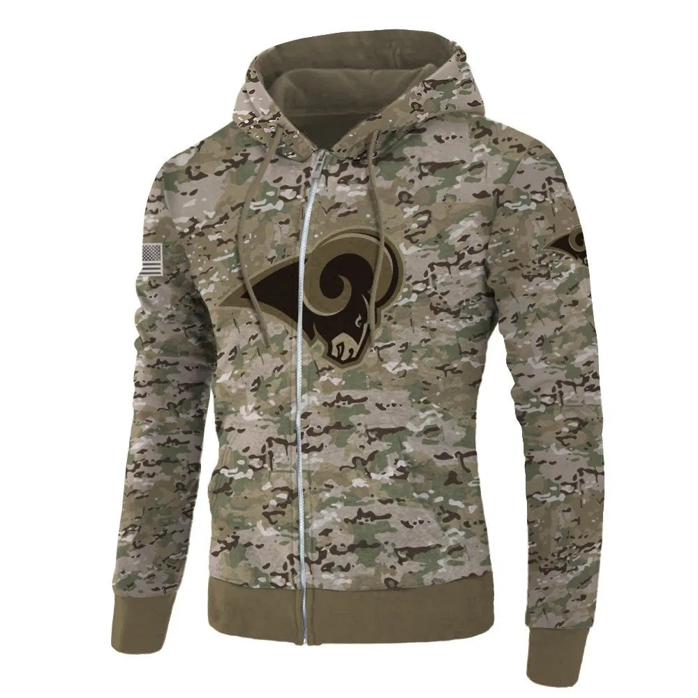 Front view of Los Angeles Rams Camo Zipper Hoodie – Military Style with camouflage print, and Los Angeles Rams logo on chest – and front kangaroo pocket, unisex fit