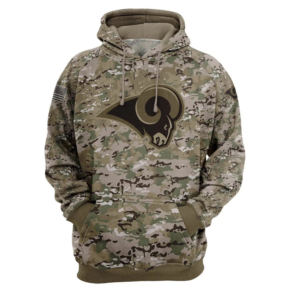 Los Angeles Rams Camo Pullover Hoodie – Military Style featuring large Los Angeles Rams logo on chest, camouflage design, and front kangaroo pocket – unisex and US sizing