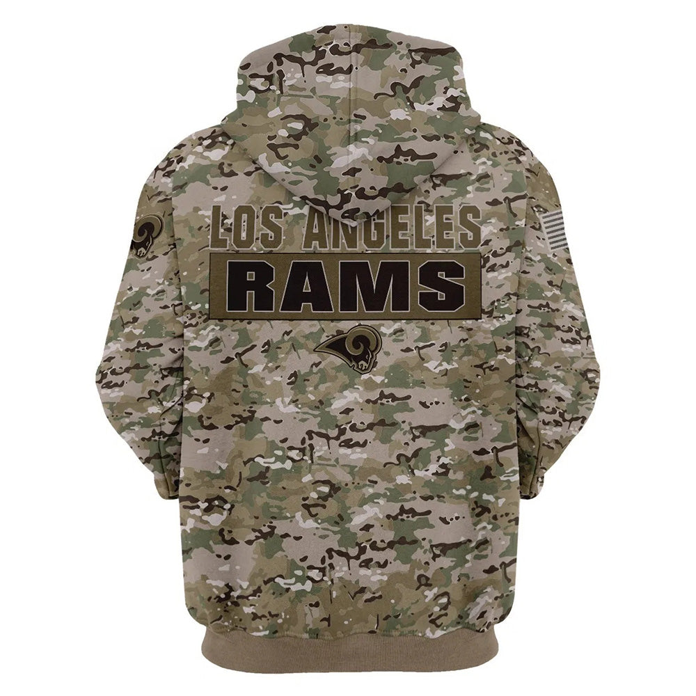 Back view of Los Angeles Rams Camo Hoodie – Military Style showing bold LOS ANGELES RAMS text with team logo and military camouflage pattern