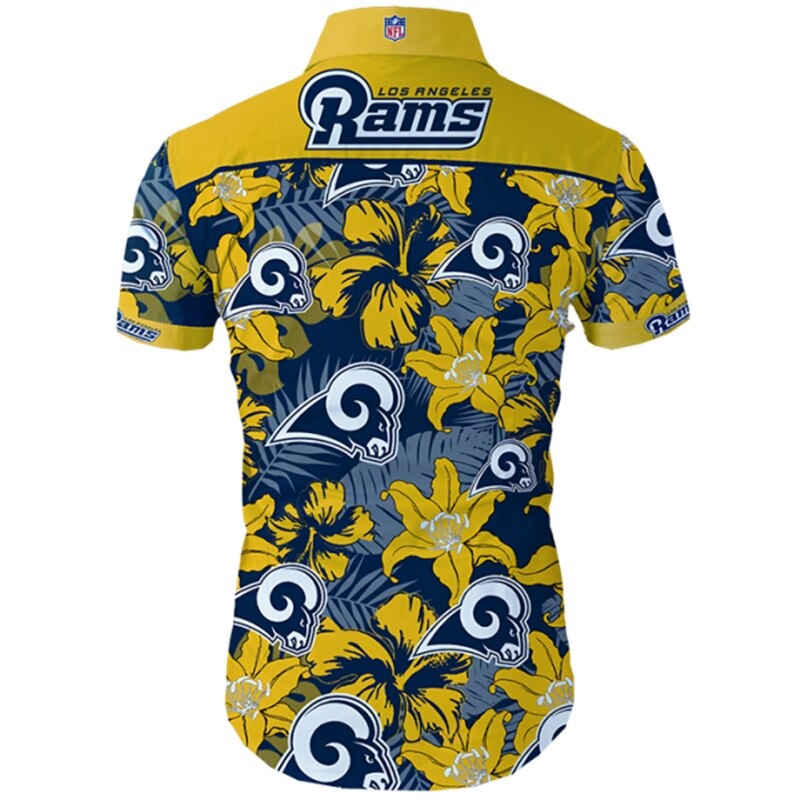 Back view of Los Angeles Rams Hawaiian Shirt featuring bold team name and OLD logo, tropical hibiscus floral pattern, YELLOW shoulder panel, men's short-sleeve button-down.