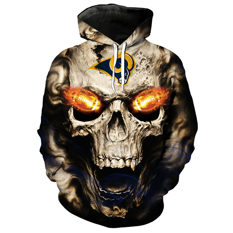 Front view of Los Angeles Rams Skull Hoodie – Red Inferno Edition, featuring a gothic skull design with glowing red football eyes and a Los Angeles Rams on the forehead.