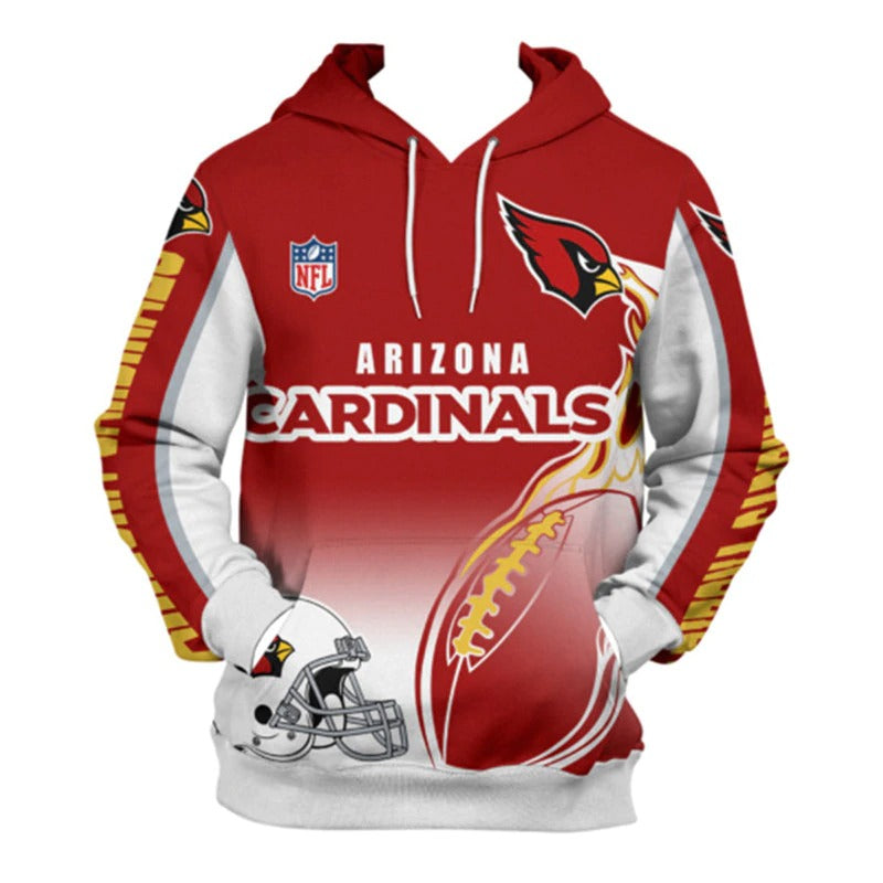 Front view of men's Arizona Cardinals pullover hoodie with 3D flaming football graphic, NFL logo, and bold red - white team design