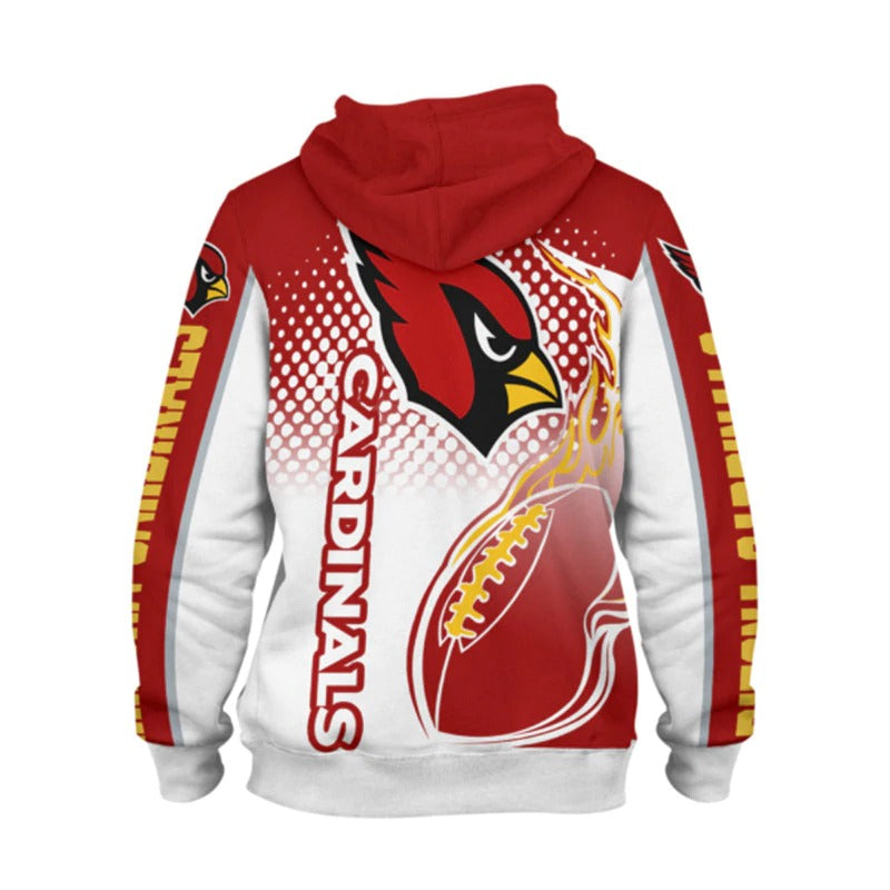 Back view of men's Arizona Cardinals hoodie featuring large Cardinals logo, flaming football design, and bold red - white color scheme.