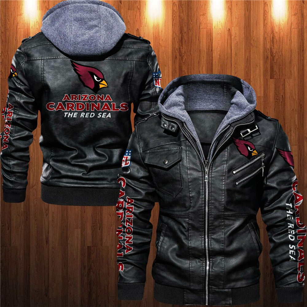 Front and back view of black Arizona Cardinals faux leather jacket with hoodie and team graphics.