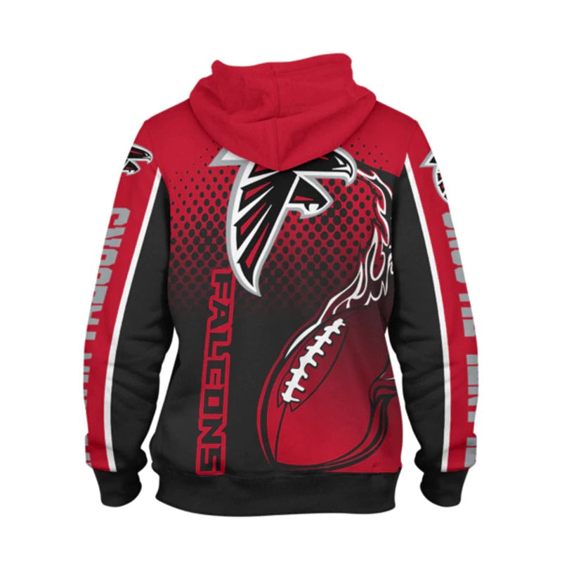 Back view of men's Atlanta Falcons hoodie featuring large Falcons logo, flaming football design, and bold orange-blue color scheme.