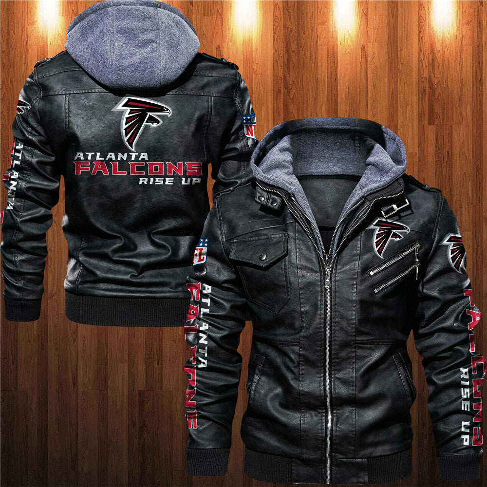 Front and back view of black Atlanta Falcons faux leather jacket with hoodie and team graphics.