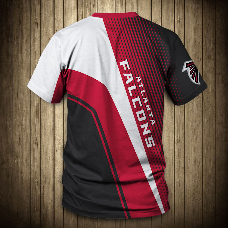 Back view of Men’s Atlanta Falcons T-Shirt – Striped Graphic Look with vertical stripes, large Atlanta Falcons text print, and dynamic color block design in black, red, and white."