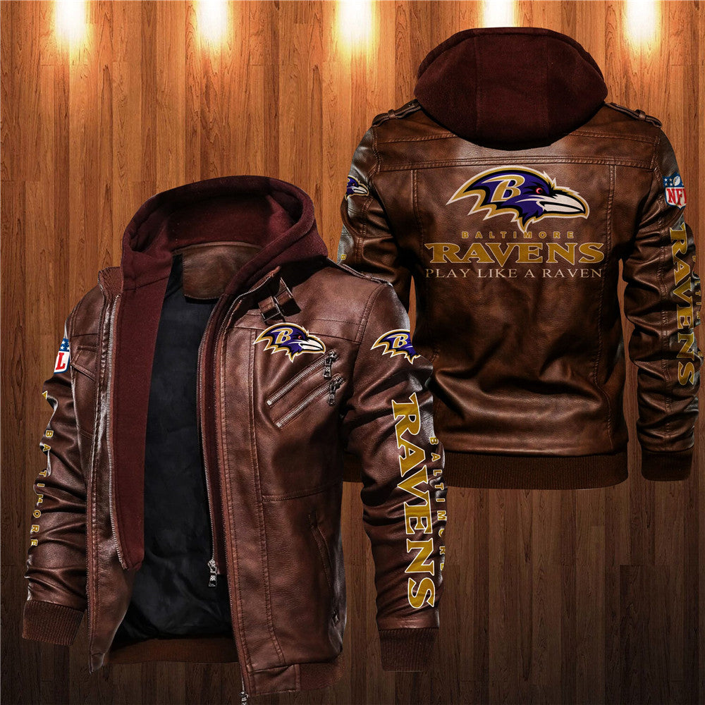 Men's brown Baltimore Ravens leather jacket with hood, zipper front, and team logo on chest, back, and sleeves. NFL fan gear made from PU faux leather.