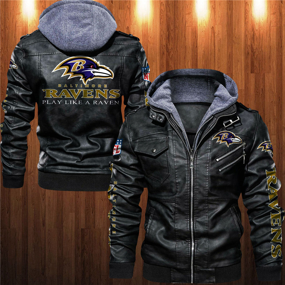 Front and back view of black Baltimore Ravens faux leather jacket with hoodie and team graphics.