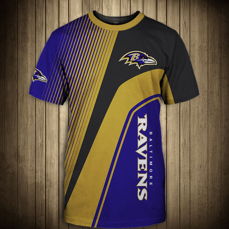 Front view of Men’s Baltimore Ravens T-Shirt – Striped Graphic Look featuring bold gold and black diagonal stripes, Baltimore Ravens logo on chest, and modern athletic design – perfect for NFL fans.