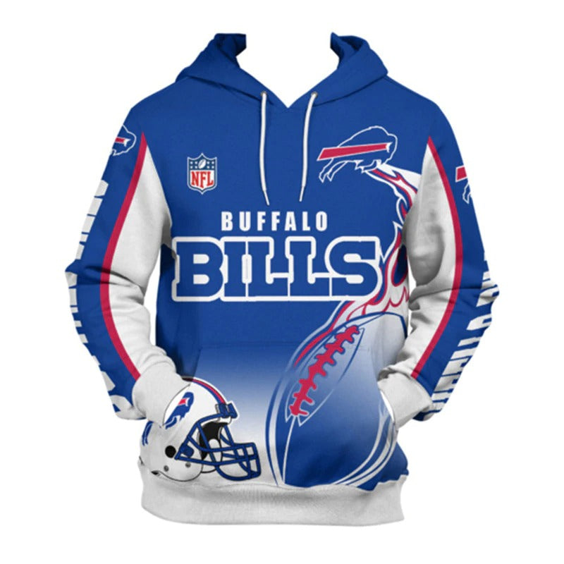 Front view of men's Buffalo Bills pullover hoodie with 3D flaming football graphic, NFL logo, and bold blue - white team design