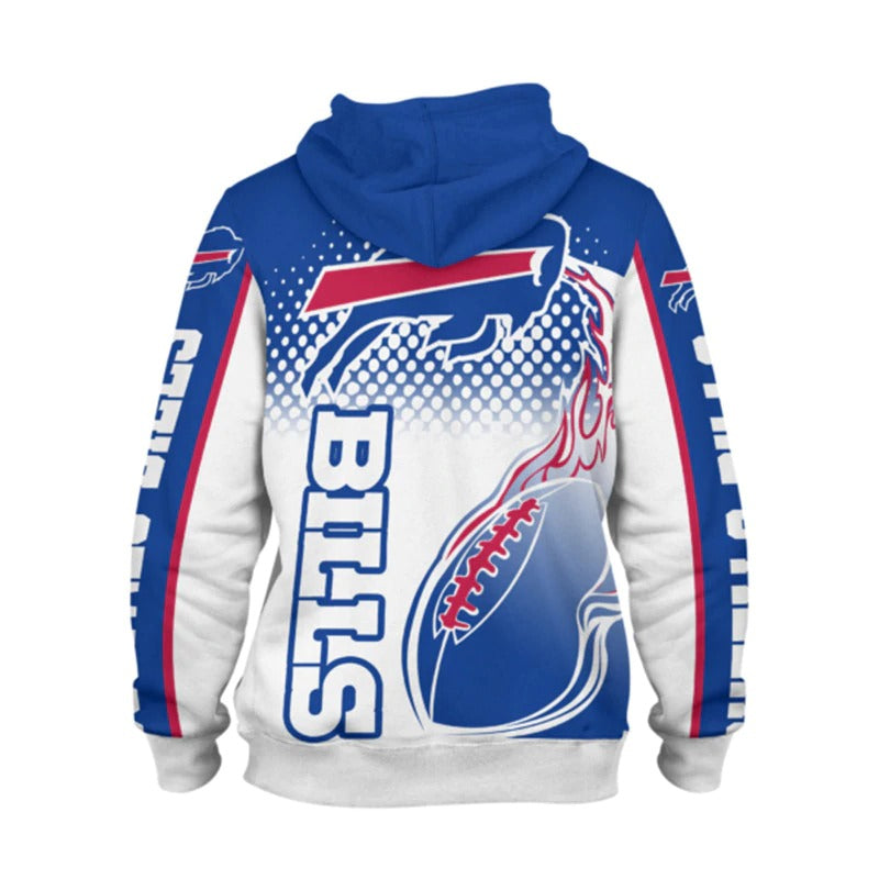 Back view of men's Buffalo Bills hoodie featuring large Bills logo, flaming football design, and bold blue- white color scheme.