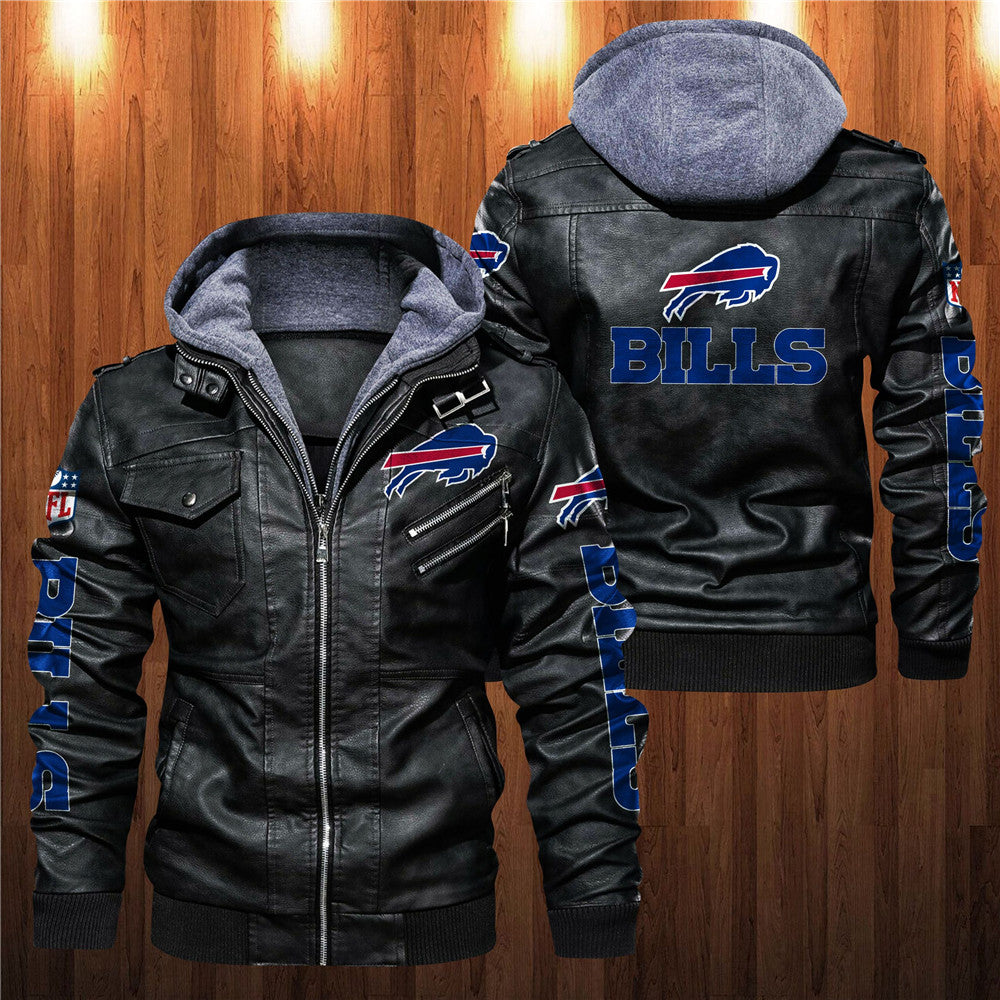 Front and back view of black Buffalo Bills faux leather jacket with hoodie and team graphics.