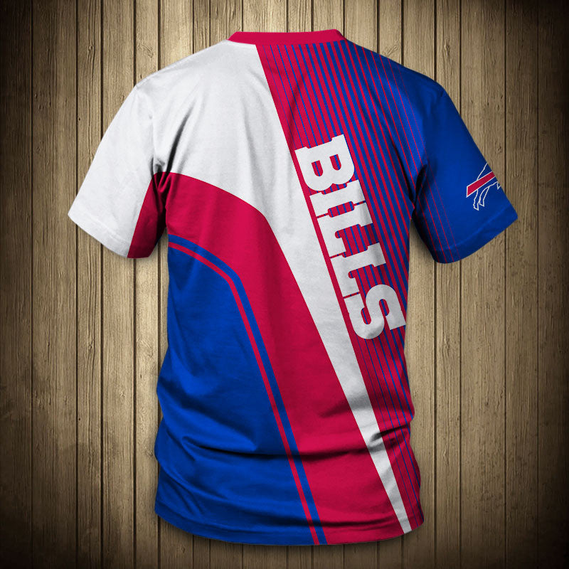 Back view of Men’s Buffalo Bills T-Shirt – Striped Graphic Look with vertical stripes, large Bills text print, and dynamic color block design in red, blue, and white."