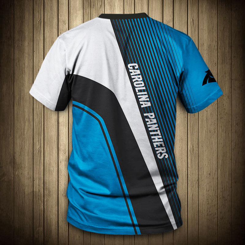 Back view of Men’s Carolina Panthers T-Shirt – Striped Graphic Look with vertical stripes, large Carolina Panthers text print, and dynamic color block design in black, blue, and white."