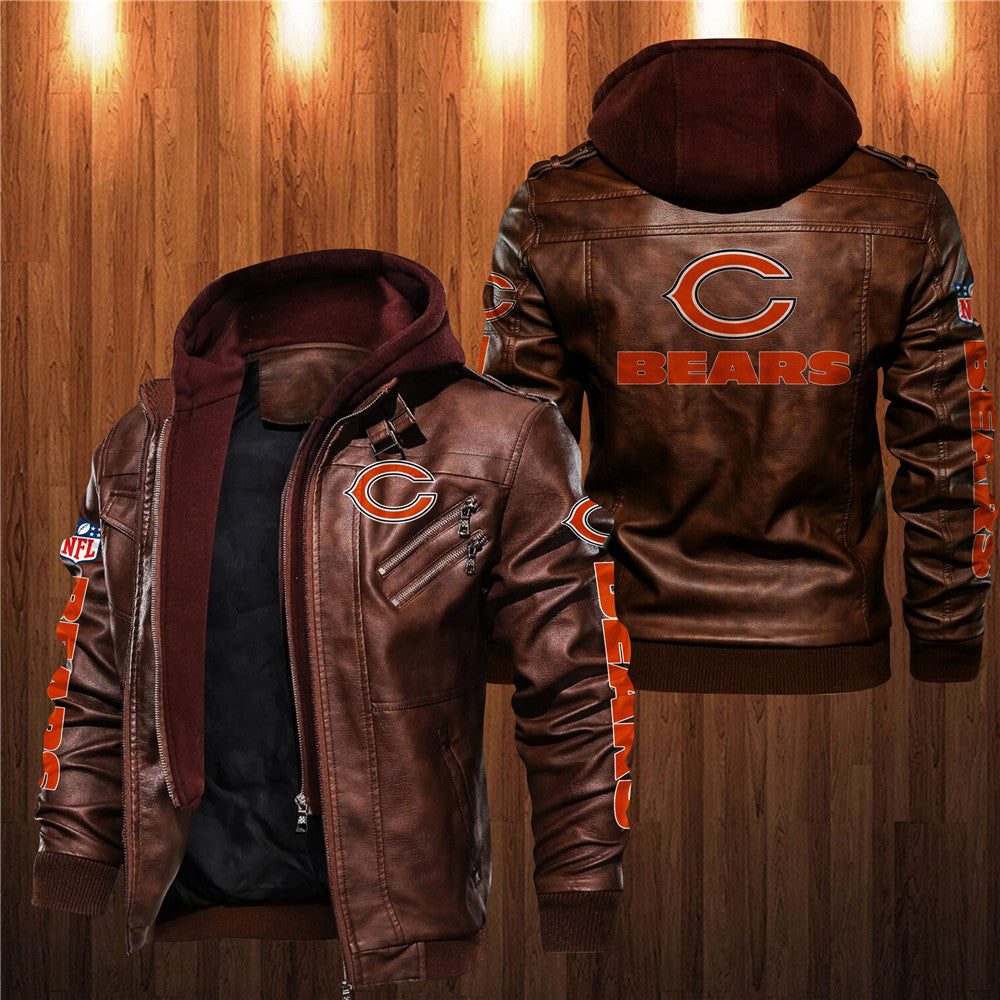 Men's brown Chicago Bears leather jacket with hood, zipper front, and team logo on chest, back, and sleeves. NFL fan gear made from PU faux leather.