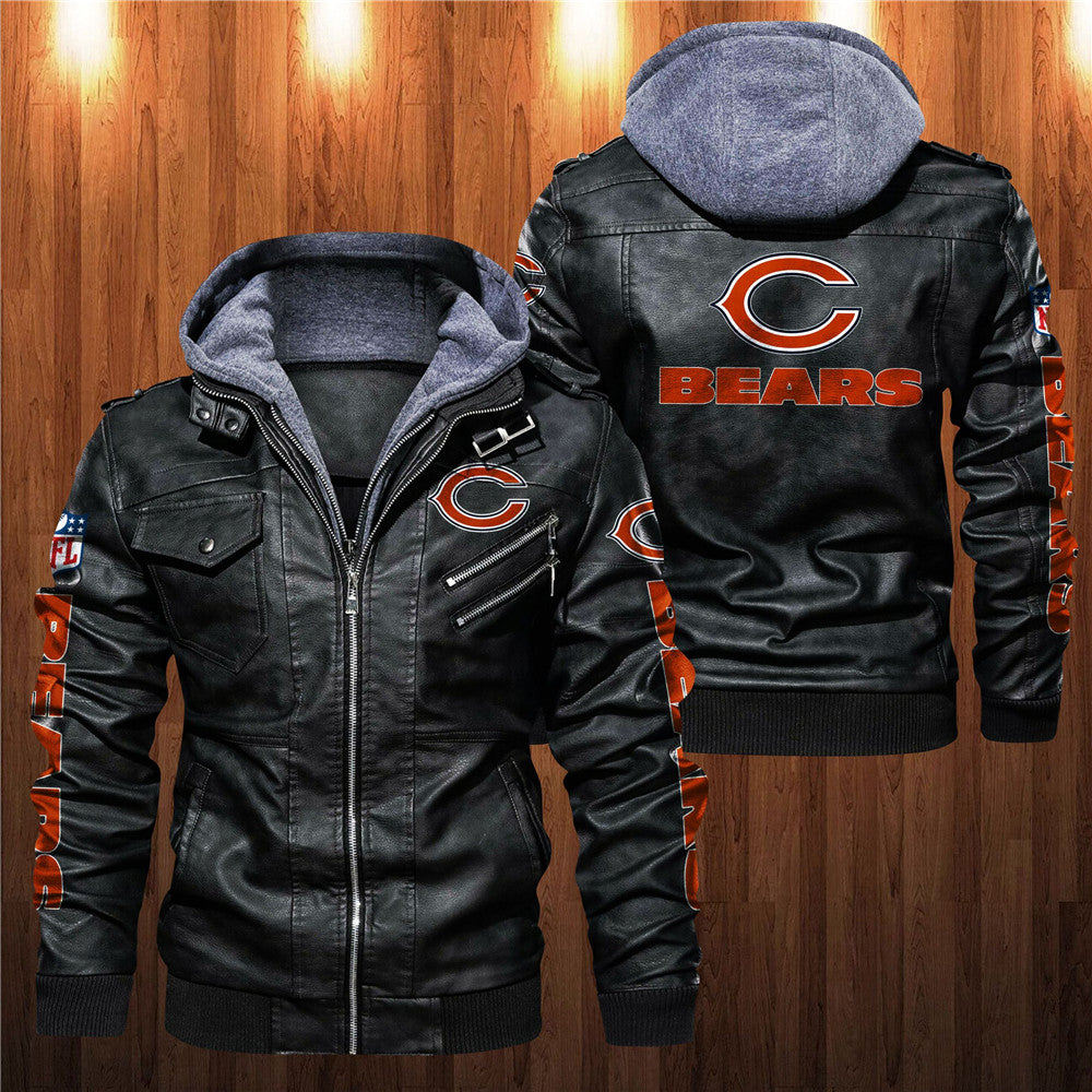 Front and back view of black Chicago Bears faux leather jacket with hoodie and team graphics.