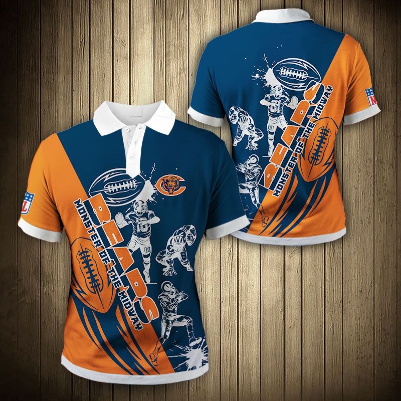 Men's Chicago Bears Polo Shirt with Monsters of the Midway graphic in navy and orange – breathable fan apparel, sizes S to 5XL, made to order