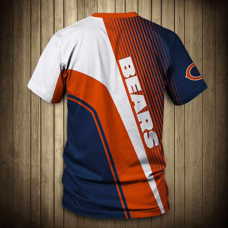 Back view of Men’s Chicago Bears T-Shirt – Striped Graphic Look with vertical stripes, large BEARS text print, and dynamic color block design in navy, orange, and white."