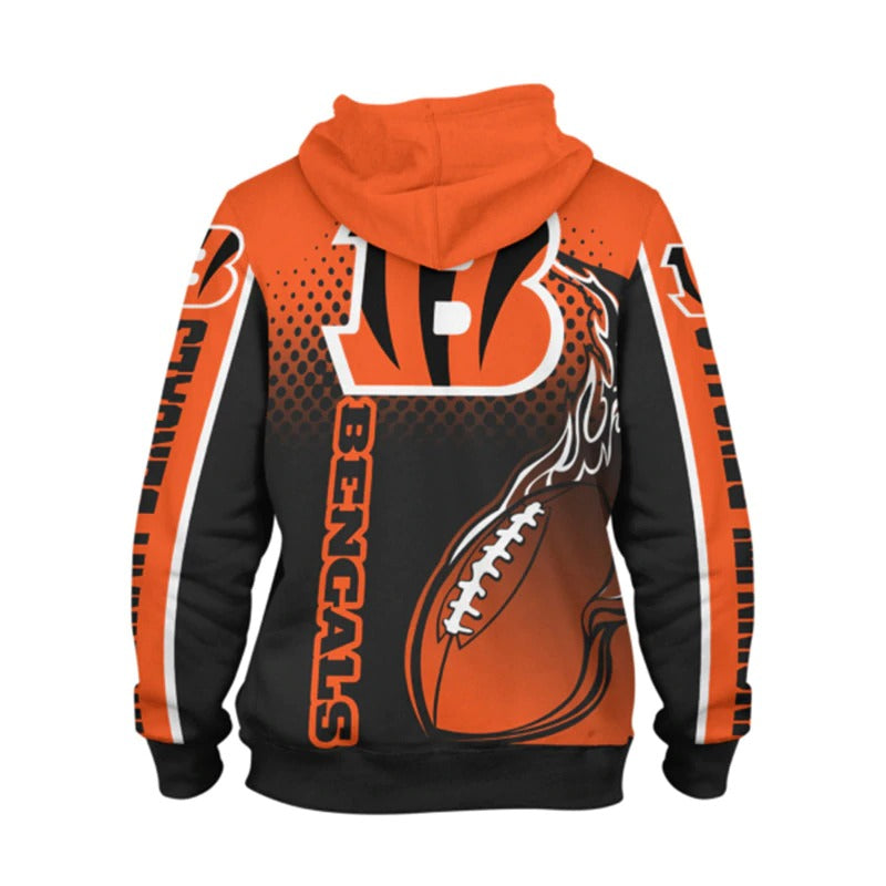 Back view of men's Cincinnati Bengals hoodie featuring large Bengals logo, flaming football design, and bold ORANGE - BLACK color scheme.