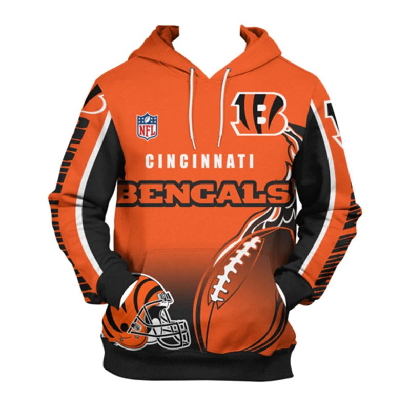 Front view of men's Cincinnati Bengals pullover hoodie with 3D flaming football graphic, NFL logo, and bold ORANGE - BLACK white team design