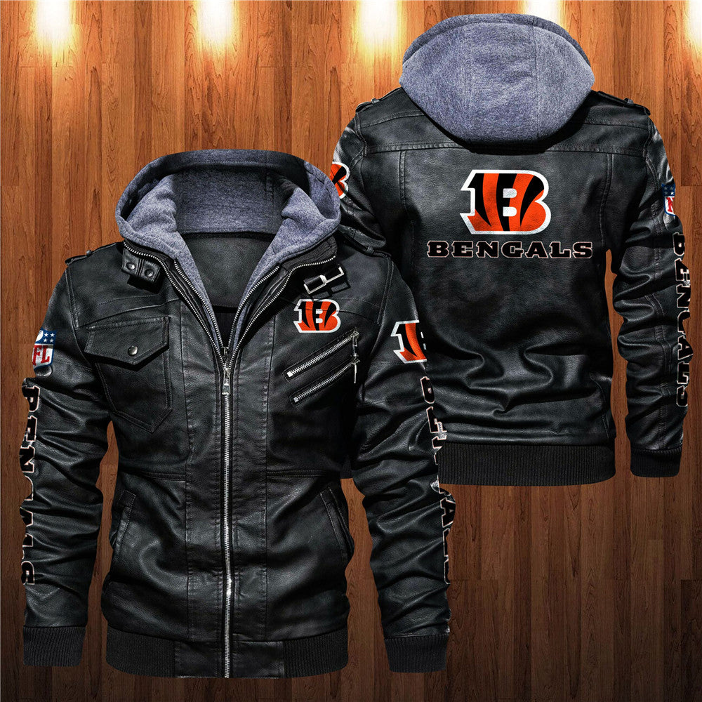 Front and back view of black Cincinnati Bengals faux leather jacket with hoodie and team graphics.