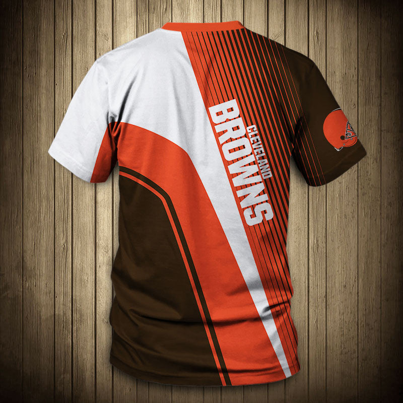 Back view of Men’s Cleveland Browns T-Shirt – Striped Graphic Look with vertical stripes, large Brown text print, and dynamic color block design in WHITE, orange, and BROWM."