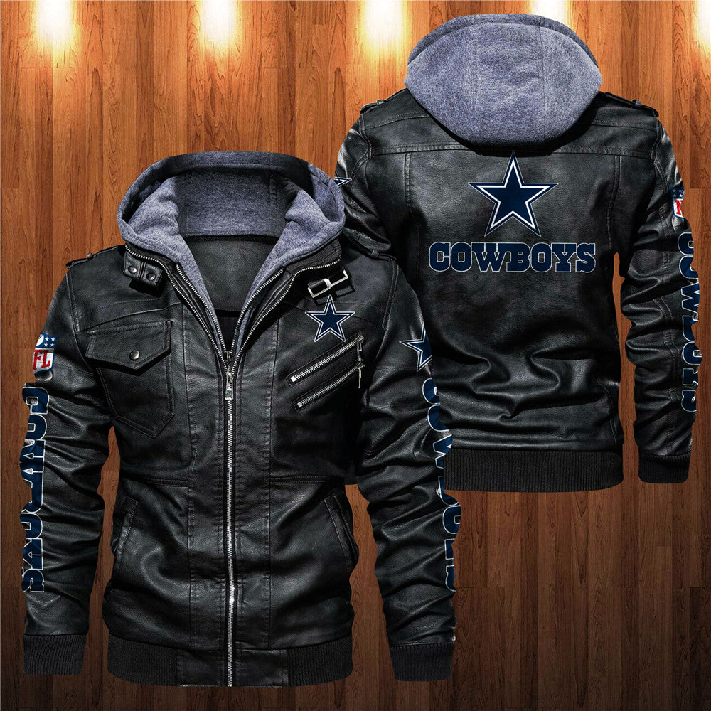 Front and back view of black Dallas Cowboys faux leather jacket with hoodie and team graphics.