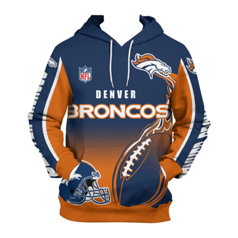 Front view of men's Denver Broncos pullover hoodie with 3D flaming football graphic, NFL logo, and bold orange-blue team design