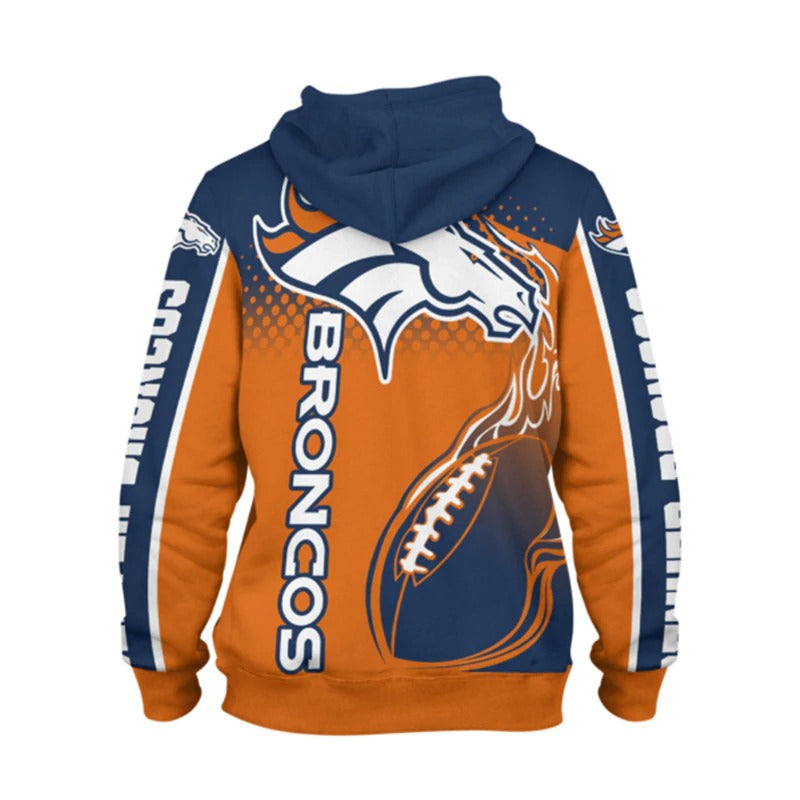Back view of men's Denver Broncos hoodie featuring large Broncos logo, flaming football design, and bold orange-blue color scheme.