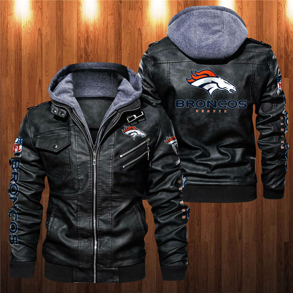 Front and back view of black Denver Broncos faux leather jacket with hoodie and team graphics.