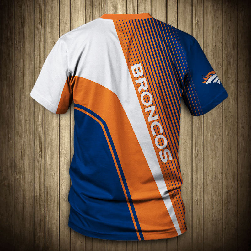 Back view of Men’s Denver Broncos T-Shirt – Striped Graphic Look with vertical stripes, large BRONCOS text print, and dynamic color block design in orange, WHITE and blue."